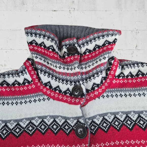 Eddie Bauer Gray Red Fair Isle Cowl Neck Button Up Cardigan Sweater Size Small - Picture 5 of 10